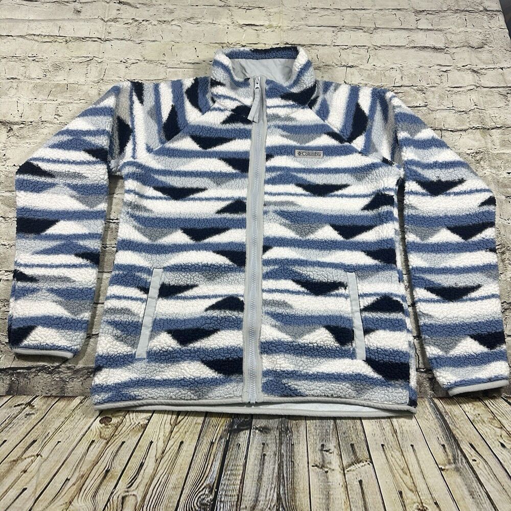 Columbia Jacket Women’s Sz.S‎ Blue White Cozy Camper Full Zip Triangles Fleece